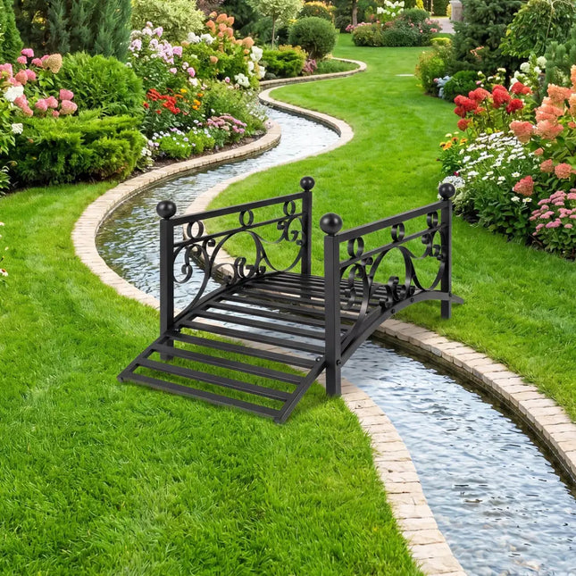 3.3 ft Garden Metal Bridge with Dual Patterned Side Rails - Black - Outdoor Decor