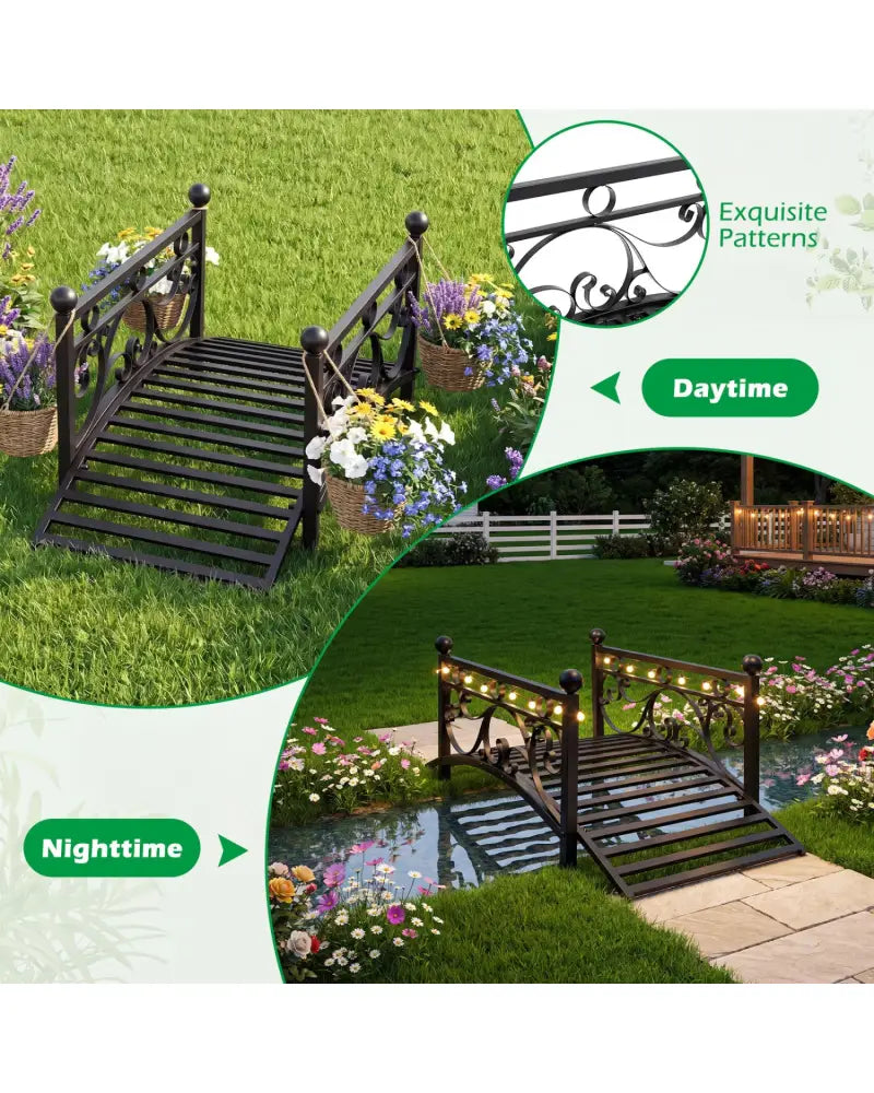 3.3 ft Garden Metal Bridge with Dual Patterned Side Rails - Black - Outdoor Decor