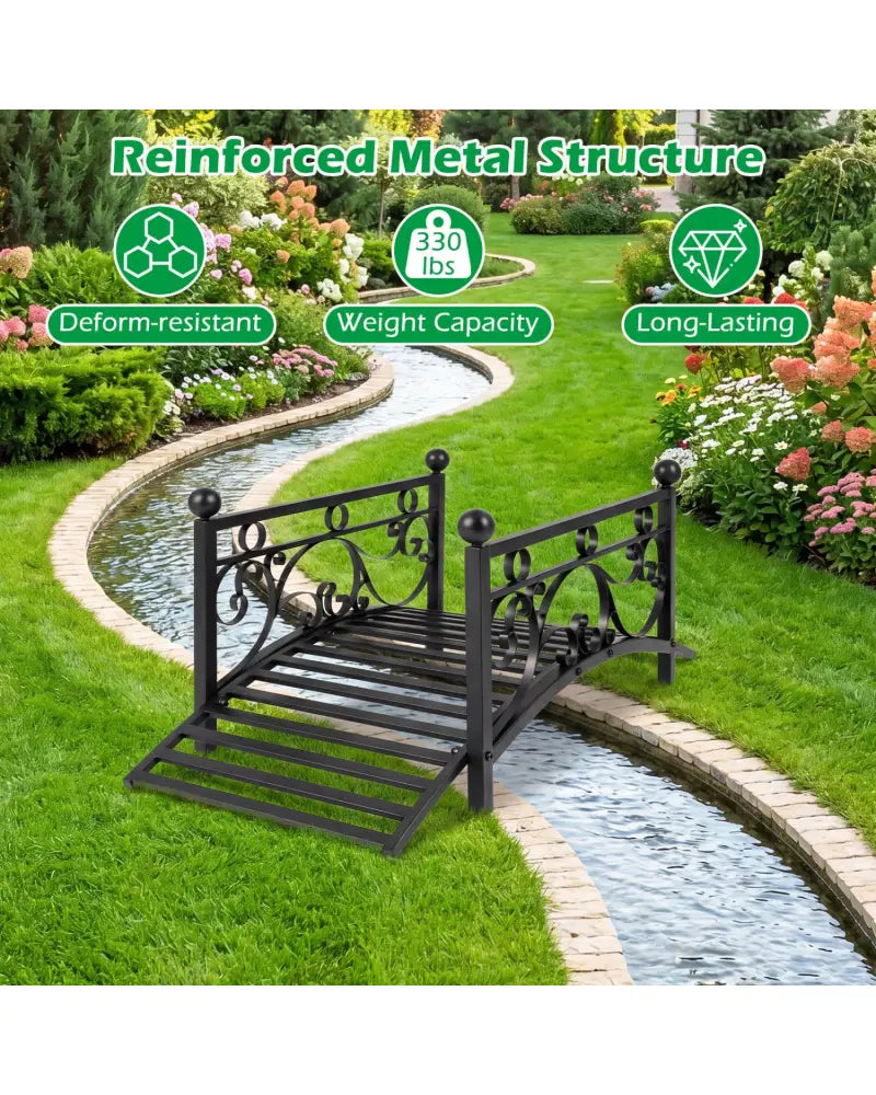 3.3 ft Garden Metal Bridge with Dual Patterned Side Rails - Black - Outdoor Decor