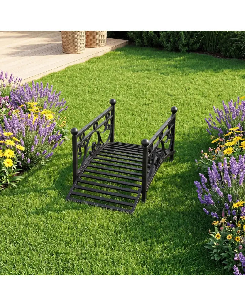 3.3 ft Garden Metal Bridge with Dual Patterned Side Rails - Black - Outdoor Decor