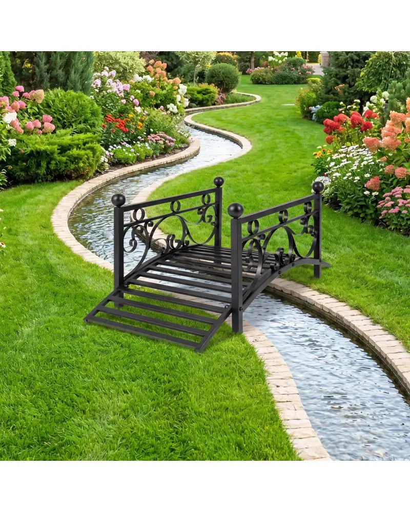 3.3 ft Garden Metal Bridge with Dual Patterned Side Rails - Black - Outdoor Decor