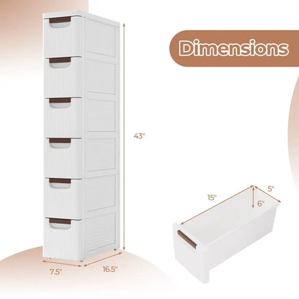 3/4/5/6-Drawer Rolling Organizer Unit Narrow Storage Cabinet with Built-In Wheels for Small Space-6-Drawer Costway