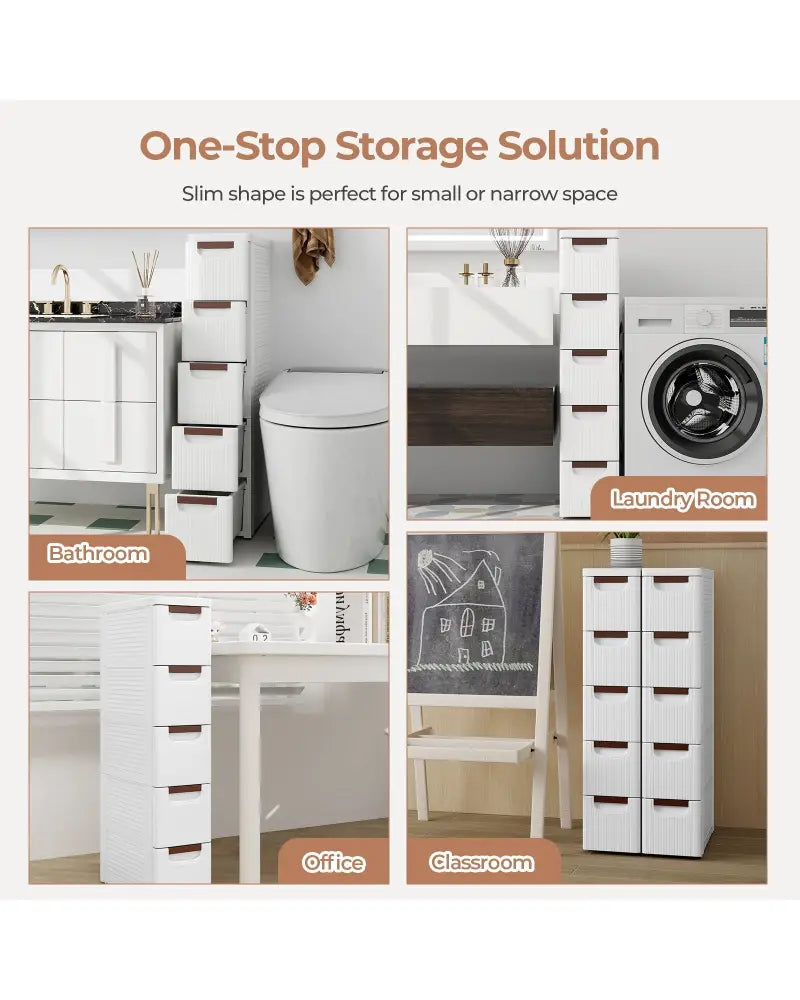 3/4/5/6-Drawer Rolling Organizer Unit Narrow Storage Cabinet with Built-In Wheels for Small Space-5-Drawer - White