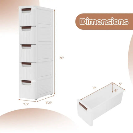 3/4/5/6-Drawer Rolling Organizer Unit Narrow Storage Cabinet with Built-In Wheels for Small Space-5-Drawer Costway