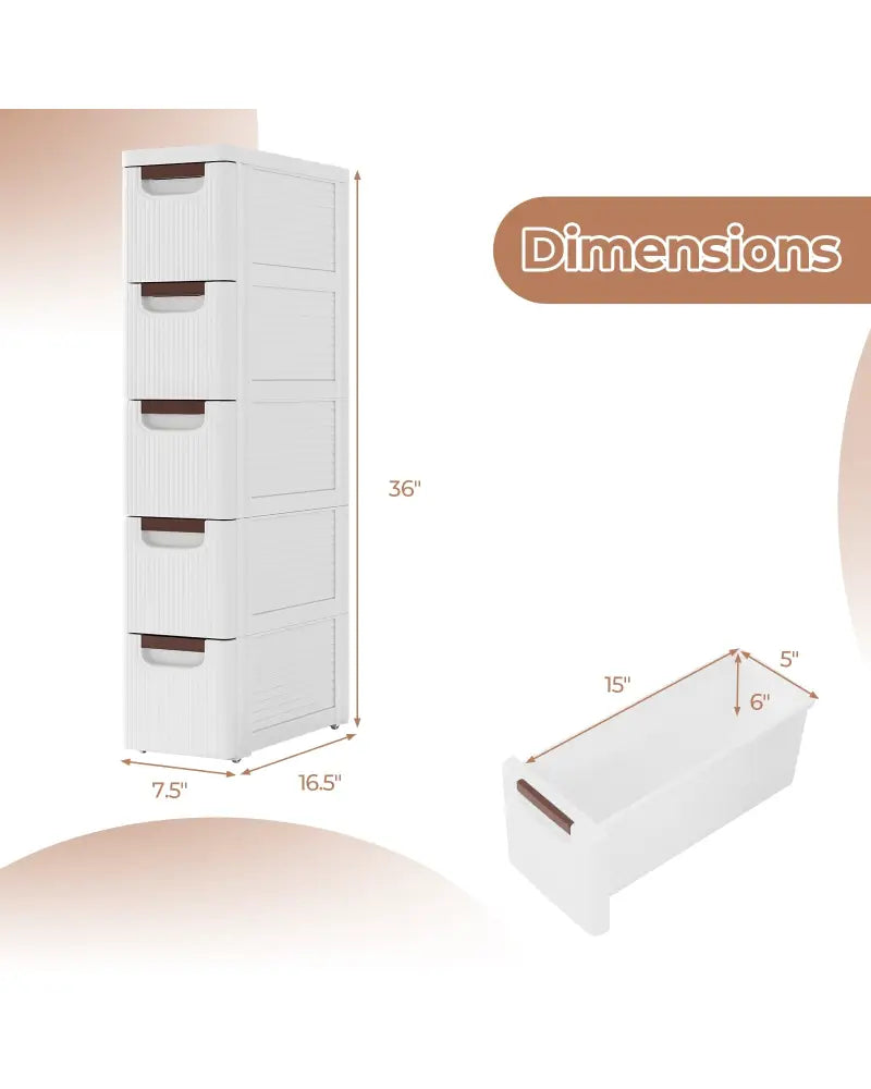 3/4/5/6-Drawer Rolling Organizer Unit Narrow Storage Cabinet with Built-In Wheels for Small Space-5-Drawer - White
