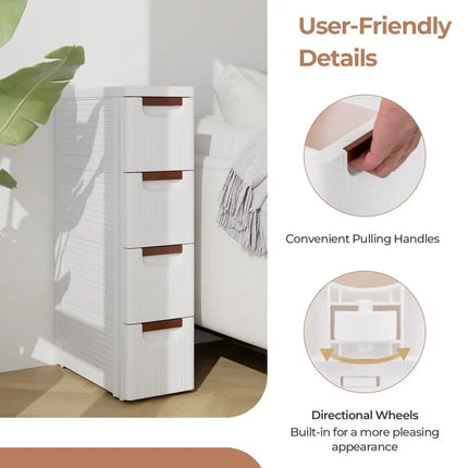 3/4/5/6-Drawer Rolling Organizer Unit Narrow Storage Cabinet with Built-In Wheels for Small Space-4-Drawer Costway