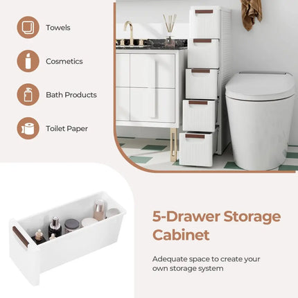 3/4/5/6-Drawer Rolling Organizer Unit Narrow Storage Cabinet with Built-In Wheels for Small Space-5-Drawer Costway