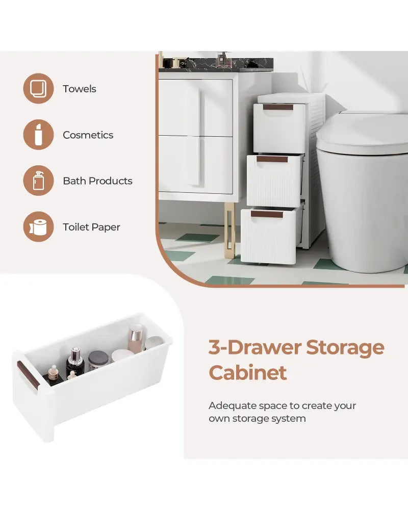 3/4/5/6-Drawer Rolling Organizer Unit Narrow Storage Cabinet with Built-In Wheels for Small Space-3-Drawer - White