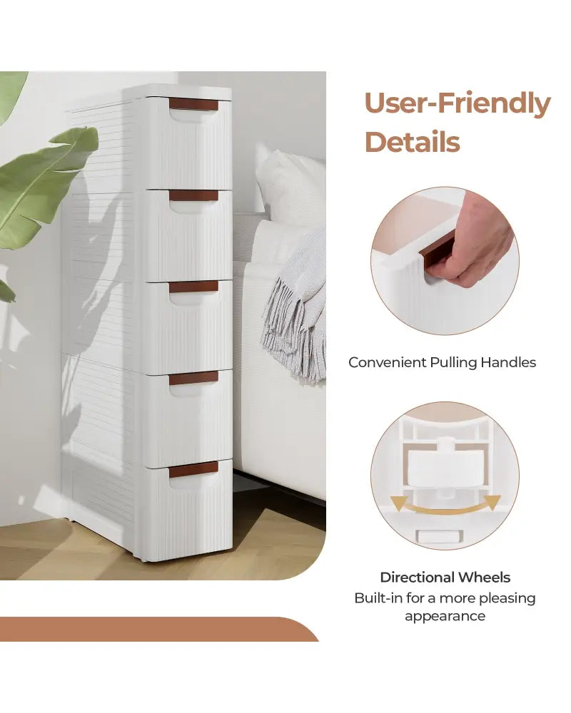 3/4/5/6-Drawer Rolling Organizer Unit Narrow Storage Cabinet with Built-In Wheels for Small Space-5-Drawer - White