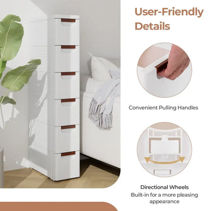 3/4/5/6-Drawer Rolling Organizer Unit Narrow Storage Cabinet with Built-In Wheels for Small Space-6-Drawer Costway