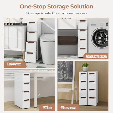 3/4/5/6-Drawer Rolling Organizer Unit Narrow Storage Cabinet with Built-In Wheels for Small Space-4-Drawer Costway