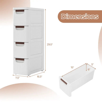 3/4/5/6-Drawer Rolling Organizer Unit Narrow Storage Cabinet with Built-In Wheels for Small Space-4-Drawer Costway