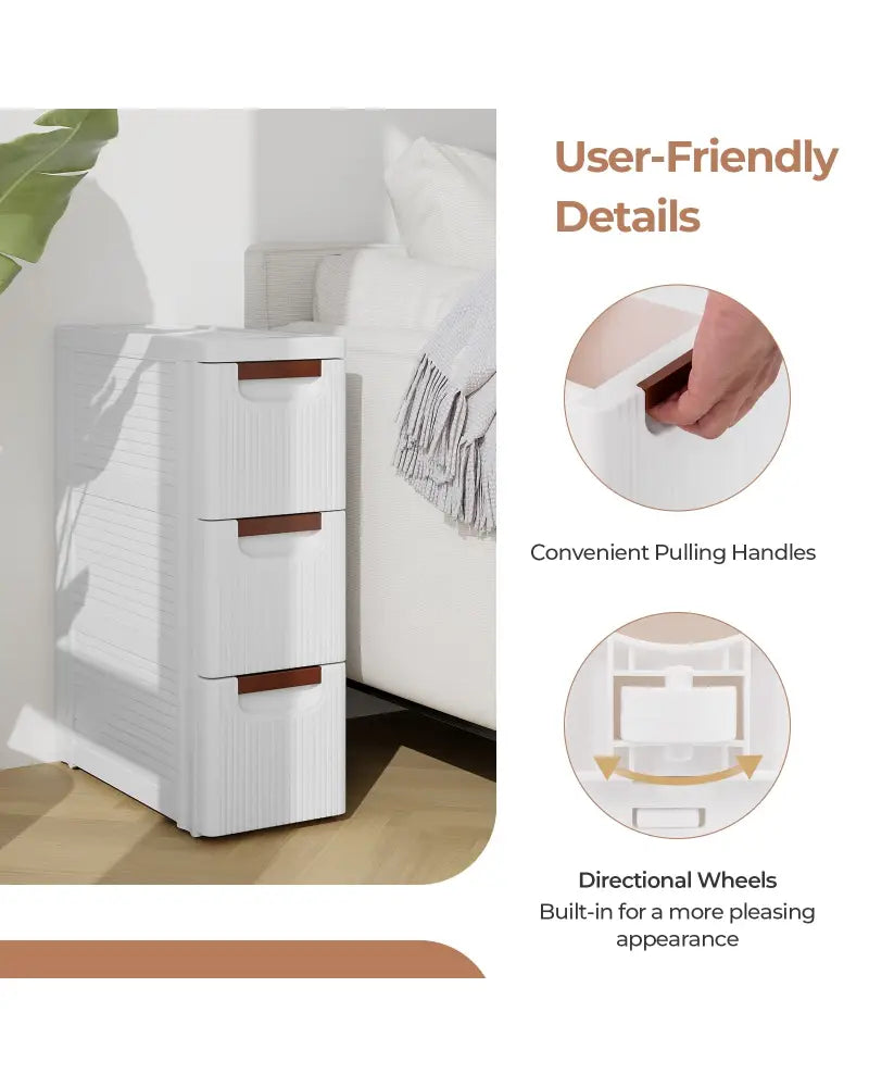 3/4/5/6-Drawer Rolling Organizer Unit Narrow Storage Cabinet with Built-In Wheels for Small Space-3-Drawer - White