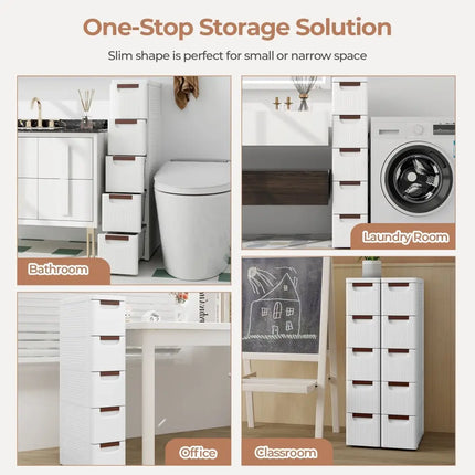 3/4/5/6-Drawer Rolling Organizer Unit Narrow Storage Cabinet with Built-In Wheels for Small Space-5-Drawer Costway