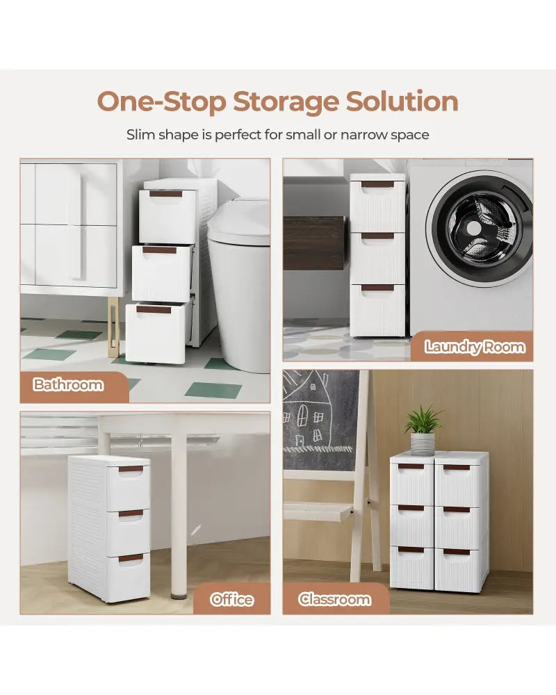 3/4/5/6-Drawer Rolling Organizer Unit Narrow Storage Cabinet with Built-In Wheels for Small Space-3-Drawer - White