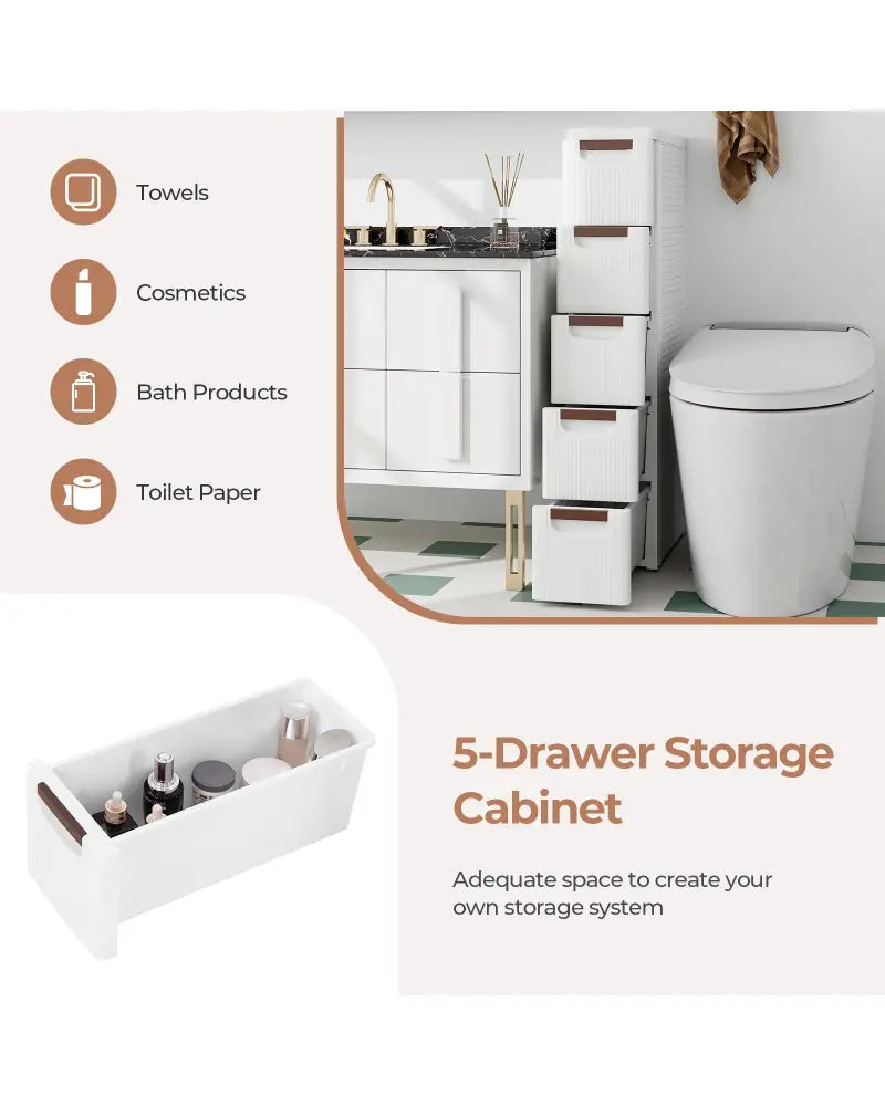3/4/5/6-Drawer Rolling Organizer Unit Narrow Storage Cabinet with Built-In Wheels for Small Space-5-Drawer - White