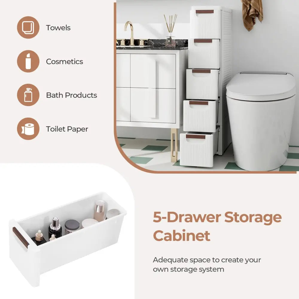 3/4/5/6-Drawer Rolling Organizer Unit Narrow Storage Cabinet with Built-In Wheels for Small Space-5-Drawer - White