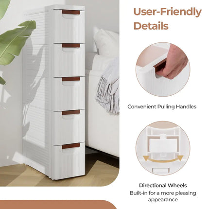3/4/5/6-Drawer Rolling Organizer Unit Narrow Storage Cabinet with Built-In Wheels for Small Space-5-Drawer Costway
