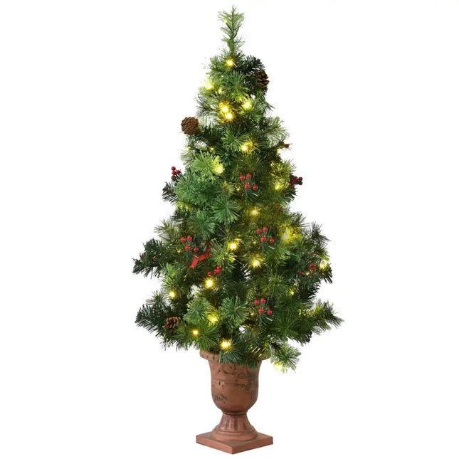 3’/4’/5’ LED Christmas Entrance Tree w/ Red Berries Pine Cones-4’ - Green - Christmas