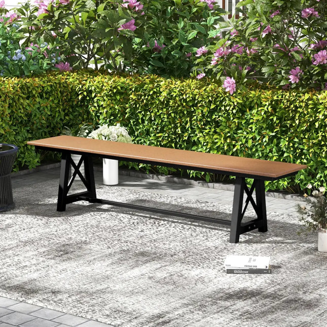 3-4 Person Outdoor HDPE Bench with Metal Frame-Brown - Brown - Outdoor Benches