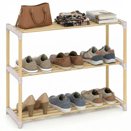 3/4-Tier Solid Wood Shoe Rack with Slatted Open Shelves-3-Tier - Natural - Shoe Racks & Storage Benches