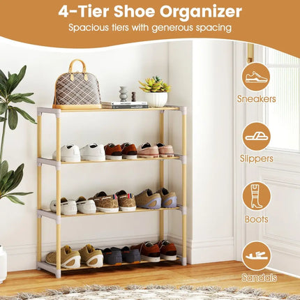 3/4-Tier Solid Wood Shoe Rack with Slatted Open Shelves-4-Tier - Natural - Shoe Racks & Storage Benches