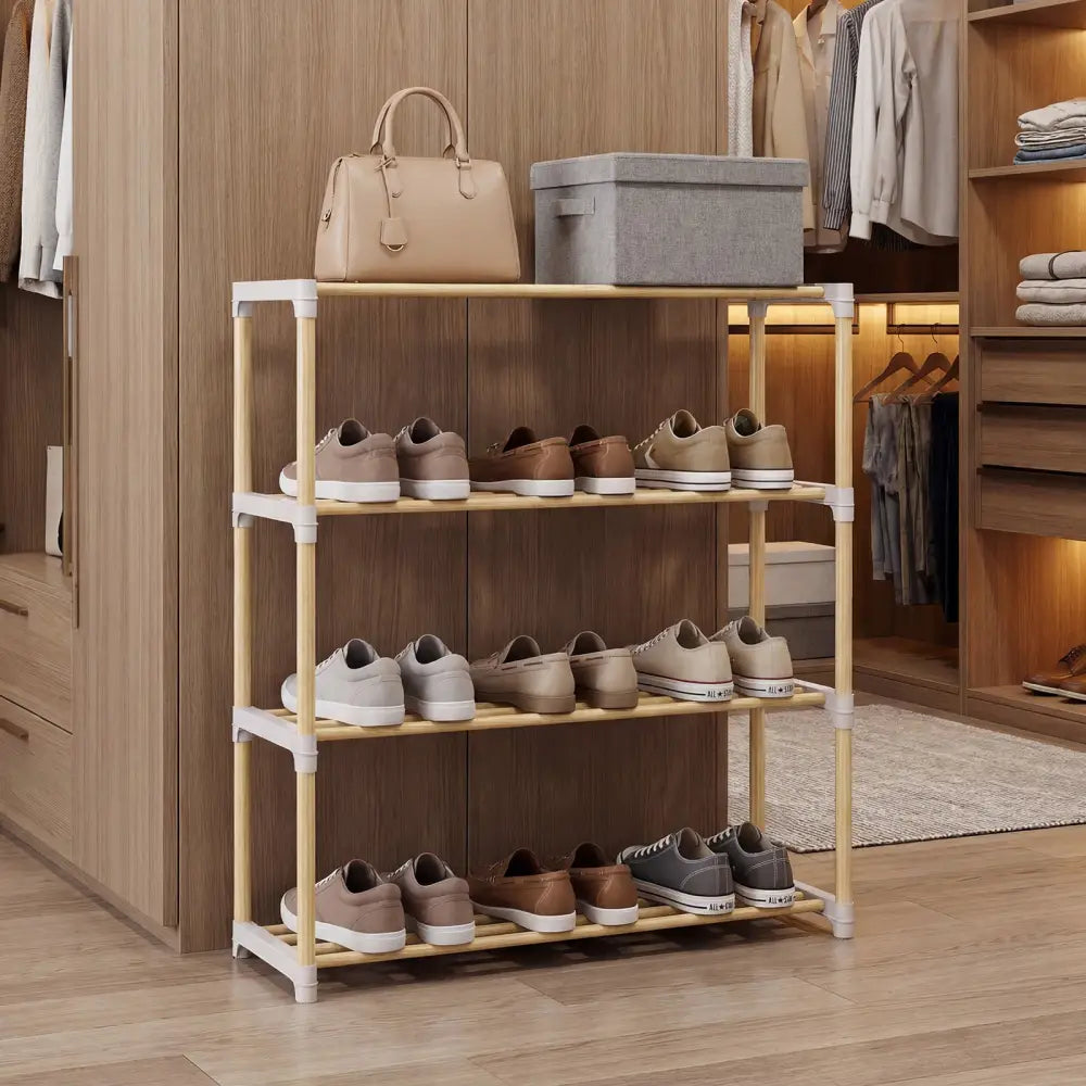 3/4-Tier Solid Wood Shoe Rack with Slatted Open Shelves-4-Tier - Natural - Shoe Racks & Storage Benches