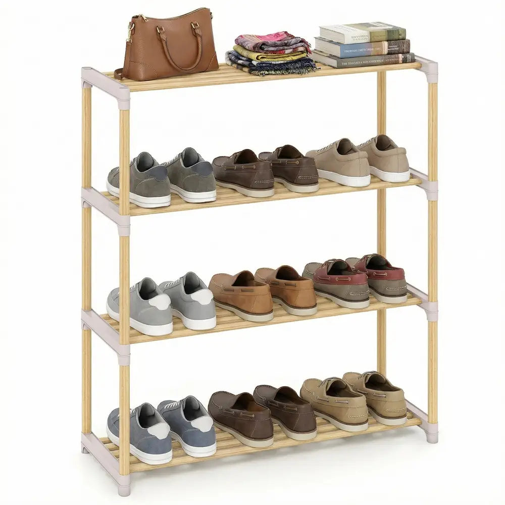 3/4-Tier Solid Wood Shoe Rack with Slatted Open Shelves-4-Tier - Natural - Shoe Racks & Storage Benches