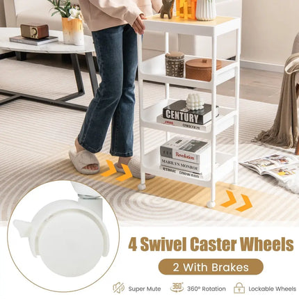 3/4 Tier Utility Rolling Cart with Detachable Tray Top and Locking Wheels-4-Tier Costway
