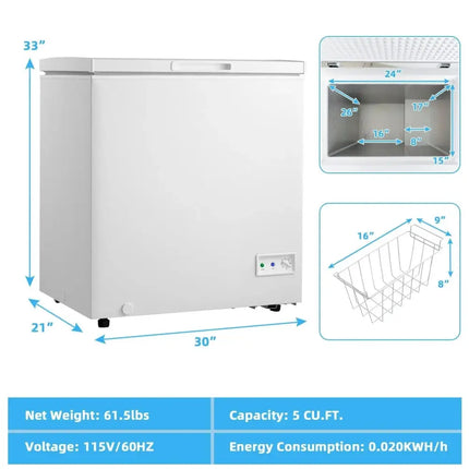 3.5/5 Cu.ft Compact Chest Freezer with Removable Storage Basket-5 Cubic Feet Costway