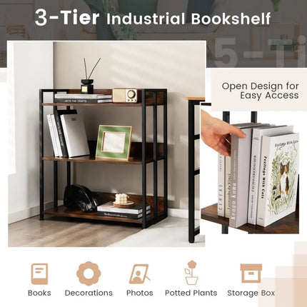 3/5-Tier Industrial Bookshelf Storage Shelf Display Rack with Adjustable Shelves-3-Tier Costway