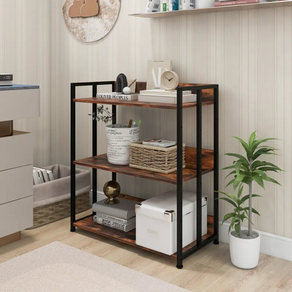 3/5-Tier Industrial Bookshelf Storage Shelf Display Rack with Adjustable Shelves-3-Tier - Brown - Bookcases