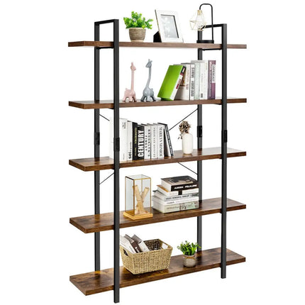 3/5 Tiers Industrial Bookcase with Metal Frame for Home Office-5-Tier - Brown - Bookcases