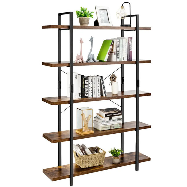 3/5 Tiers Industrial Bookcase with Metal Frame for Home Office-5-Tier - Brown - Bookcases