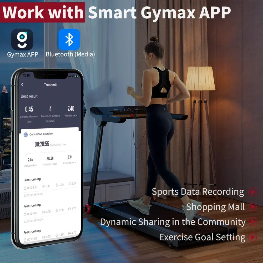 3.75HP Folding Treadmill with APP and 12 Preset Programs - Black - Treadmills