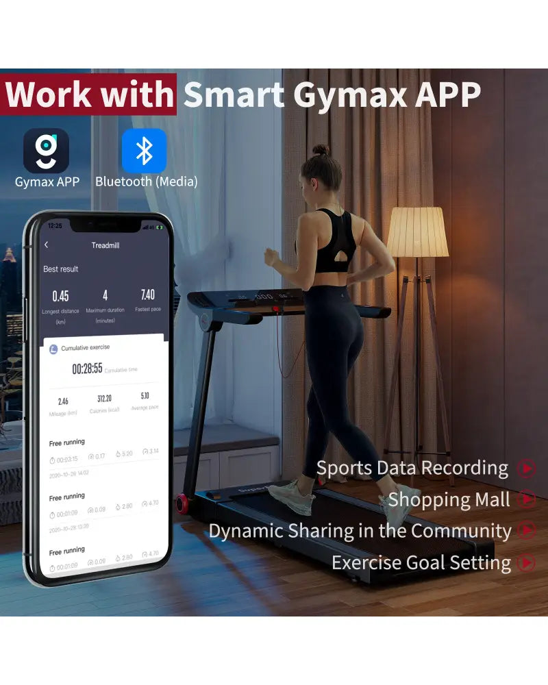 3.75HP Folding Treadmill with APP and 12 Preset Programs - Black - Treadmills