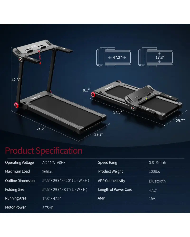 3.75HP Folding Treadmill with APP and 12 Preset Programs - Black - Treadmills