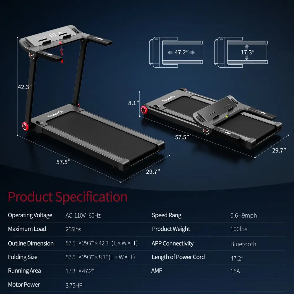 3.75HP Folding Treadmill with APP and 12 Preset Programs - Black - Treadmills