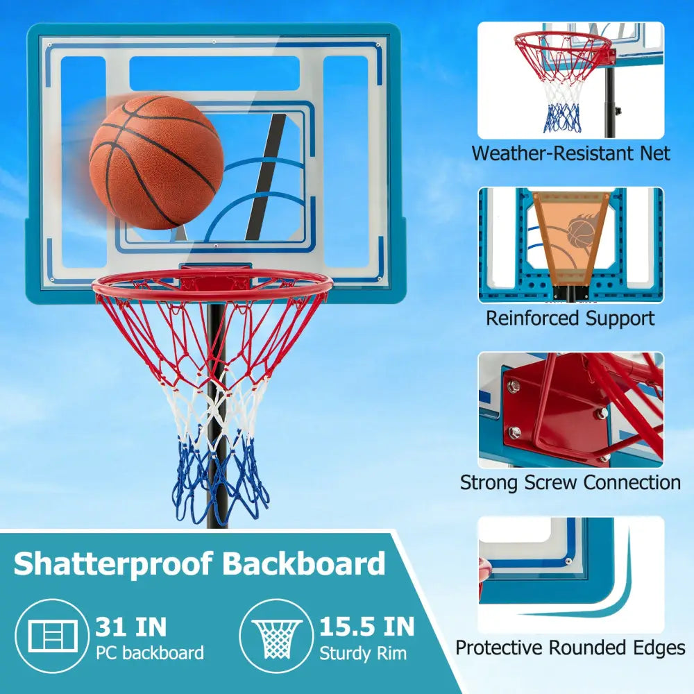 3.8-4.4 Feet Height Adjustable Pool Basketball Hoop for Kids Teens and Adults-Blue - Blue - Sport Equipments