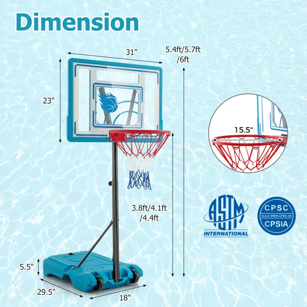 3.8-4.4 Feet Height Adjustable Pool Basketball Hoop for Kids Teens and Adults-Blue - Blue - Sport Equipments