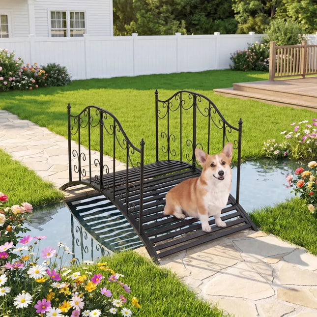 3.9 ft Garden Metal Bridge with Dual Patterned Side Rails - Black - Outdoor Decor
