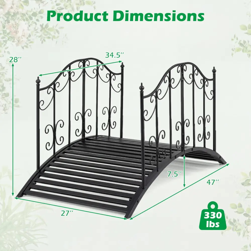3.9 ft Garden Metal Bridge with Dual Patterned Side Rails - Black - Outdoor Decor