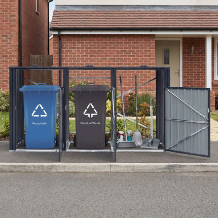 3-Bin Metal Trash Can Storage Shed with Flip-Up Lids for Yard-Dark Gray - Dark Gray - Sheds & Outdoor Storage