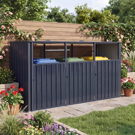 3-Bin Metal Trash Can Storage Shed with Flip-Up Lids for Yard-Dark Gray - Dark Gray - Sheds & Outdoor Storage
