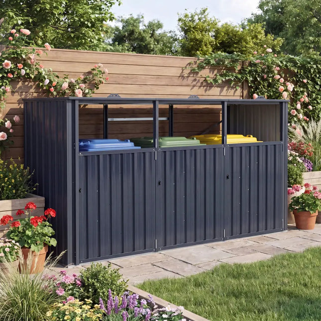 3-Bin Metal Trash Can Storage Shed with Flip-Up Lids for Yard-Dark Gray - Dark Gray - Sheds & Outdoor Storage