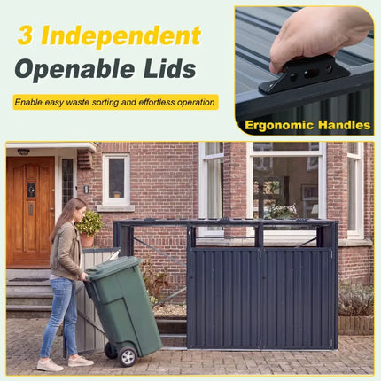 3-Bin Metal Trash Can Storage Shed with Flip-Up Lids for Yard-Dark Gray - Dark Gray - Sheds & Outdoor Storage