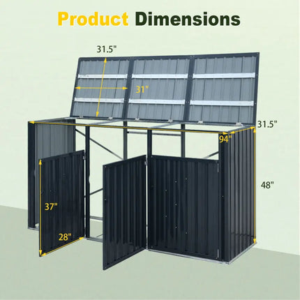 3-Bin Metal Trash Can Storage Shed with Flip-Up Lids for Yard-Dark Gray - Dark Gray - Sheds & Outdoor Storage