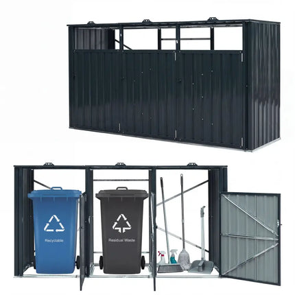 3-Bin Metal Trash Can Storage Shed with Flip-Up Lids for Yard-Dark Gray - Dark Gray - Sheds & Outdoor Storage