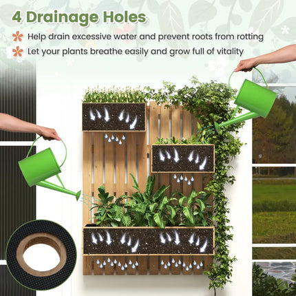 3-Box Wooden Raised Garden Bed with Trellises and Fabric Liners-Natural - Natural - Raised Garden Beds
