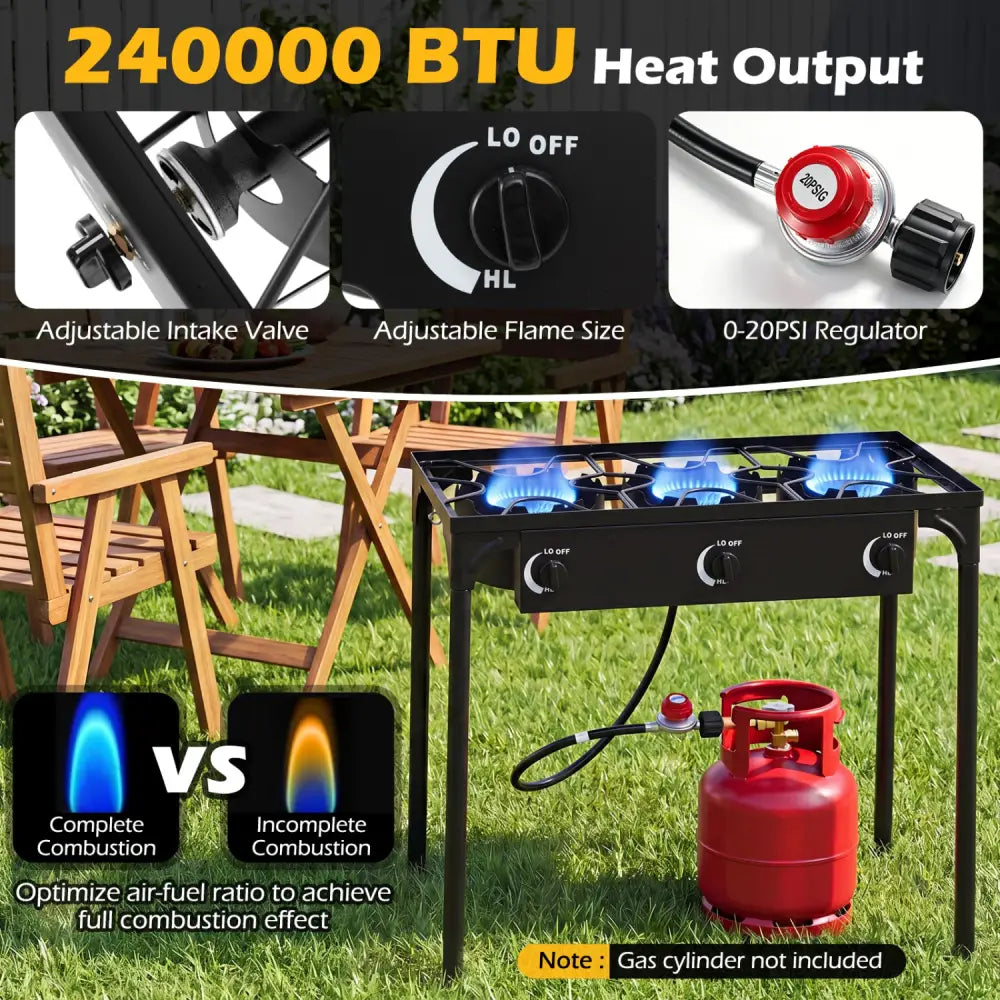 3 Burner Propane Stove 240000 BTU with Adjustable Regulator & Hose for Camping BBQ-Black - Black - Outdoor Grills